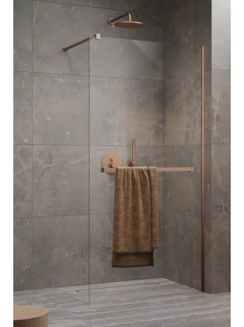 Radaway Modo New Brushed Copper II Walk-in szálcsiszolt réz zuhanyfal törölközőtartóval 105 átlátszó